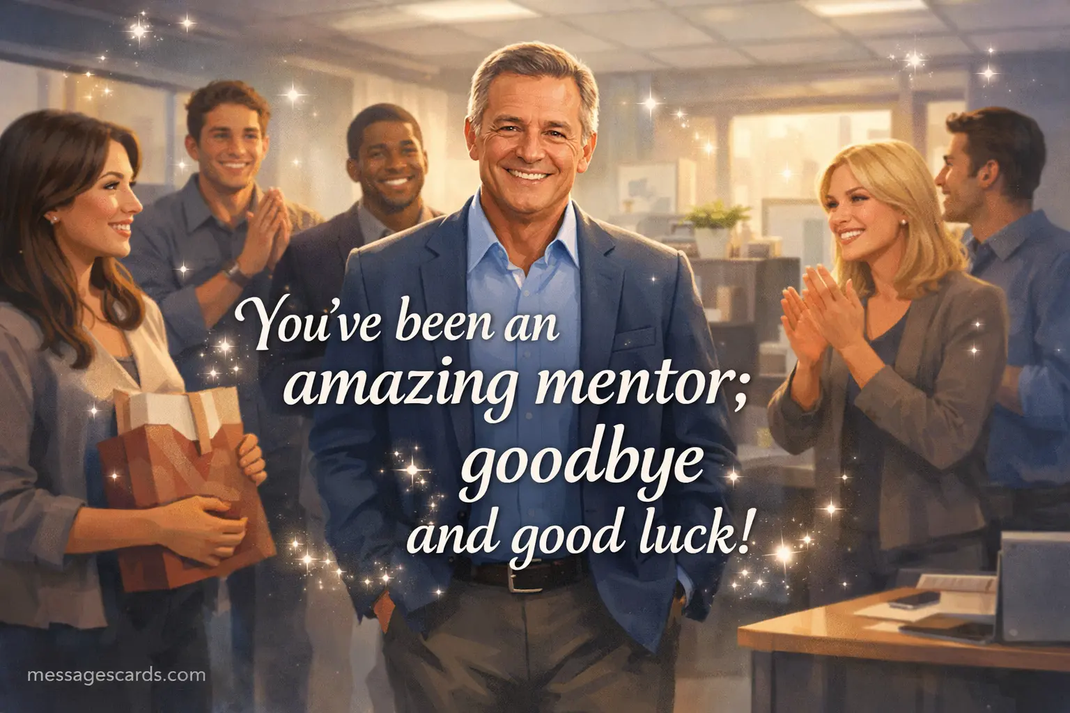 A friendly illustrated workplace goodbye moment celebrating a mentor’s impact and expressing appreciation and good luck.