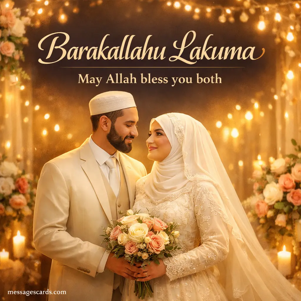Romantic Muslim wedding illustration showing a couple with a heartfelt Barakallahu Lakuma blessing emphasizing love and divine blessings.