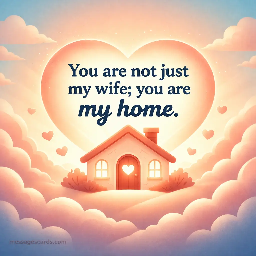 Cozy illustrated heart-shaped home scene representing emotional security and deep connection with a romantic quote about a wife being home.