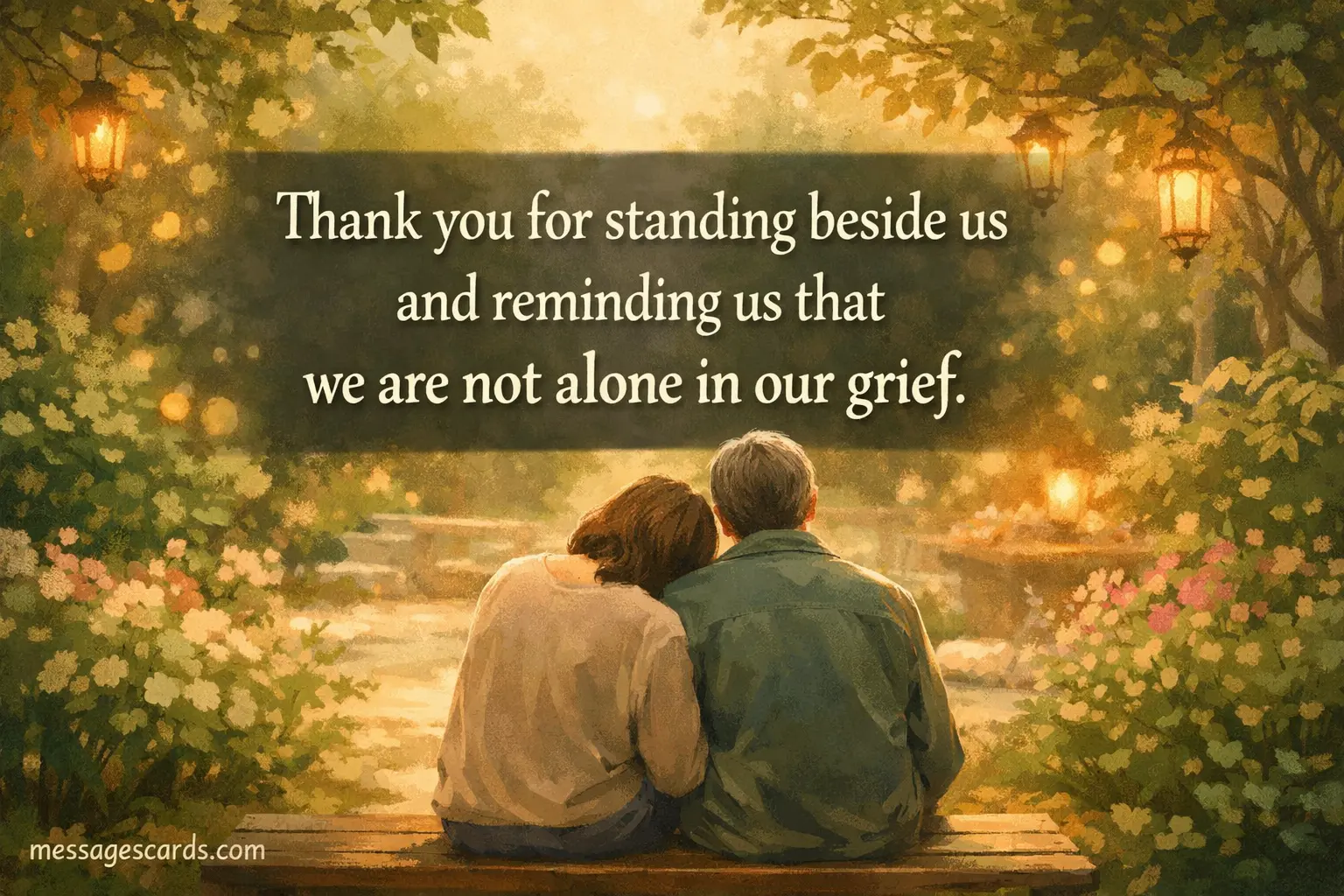An emotional illustrated garden setting showing companionship and comfort, highlighting a gratitude message about not feeling alone in grief with supportive presence.