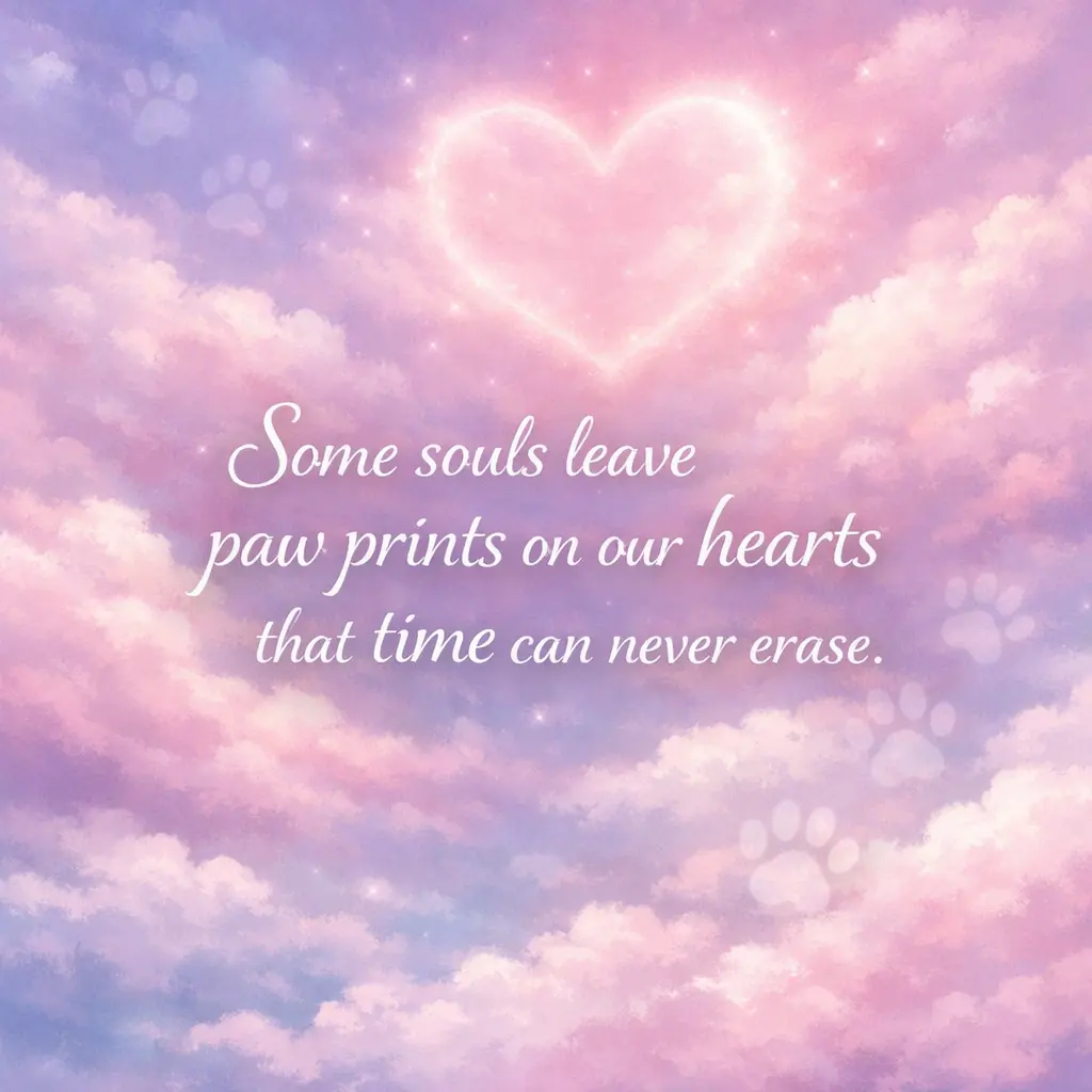A soft dreamy illustration with paw prints and a glowing heart in the sky representing eternal love and remembrance for a lost pet.