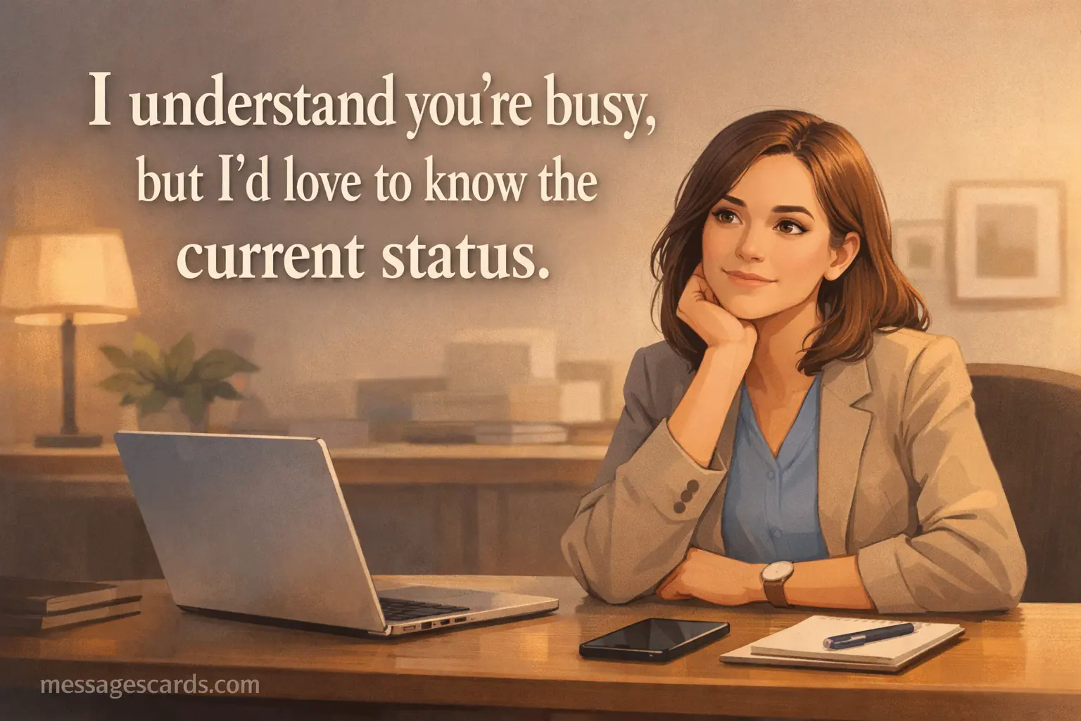A semi-realistic workplace illustration of a professional patiently waiting at a desk, featuring a respectful message asking for a status update in a polite tone.
