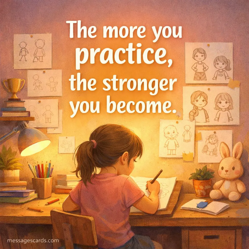 A child practicing skills in a warm environment showing growth and improvement with an encouraging quote about gaining strength through practice