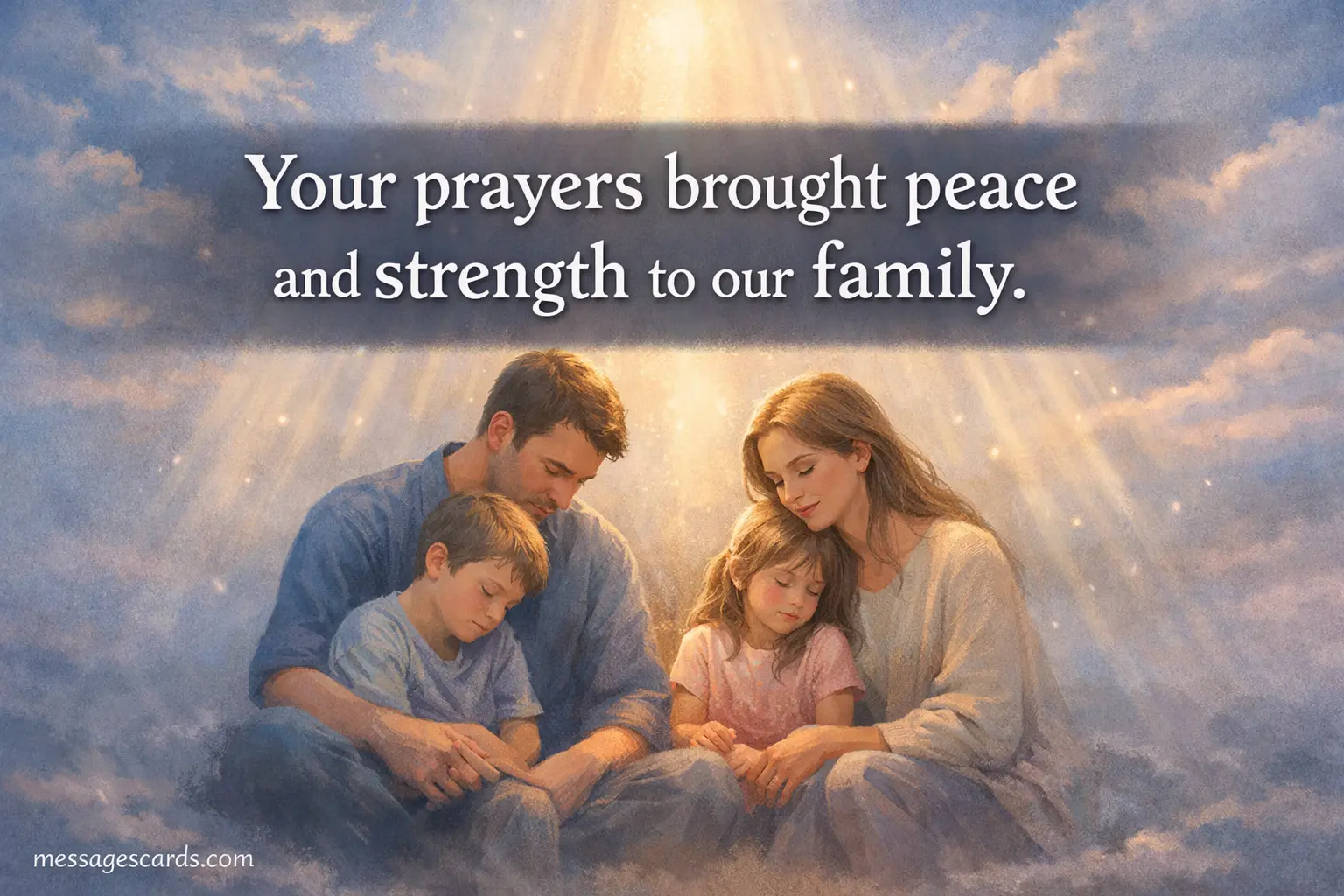 A peaceful family reflection scene with soft glowing light symbolizing prayers, featuring a heartfelt message about finding strength and peace through others’ prayers.