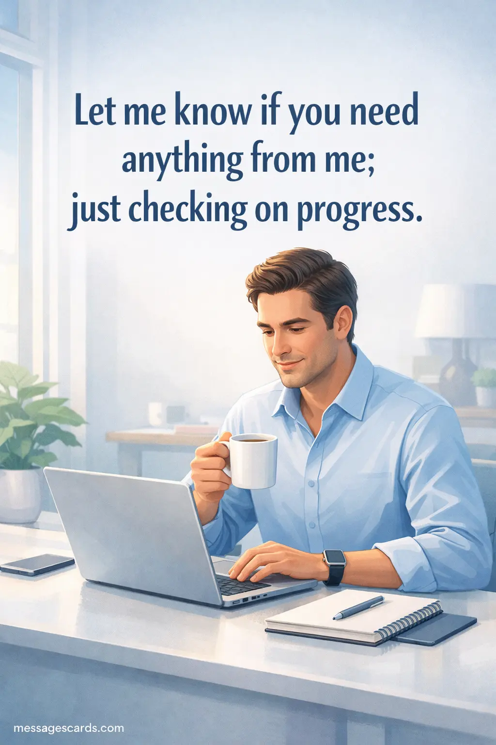 A professional illustrated office scene showing a calm worker checking progress on a laptop with a polite follow-up quote about offering help and asking for updates.