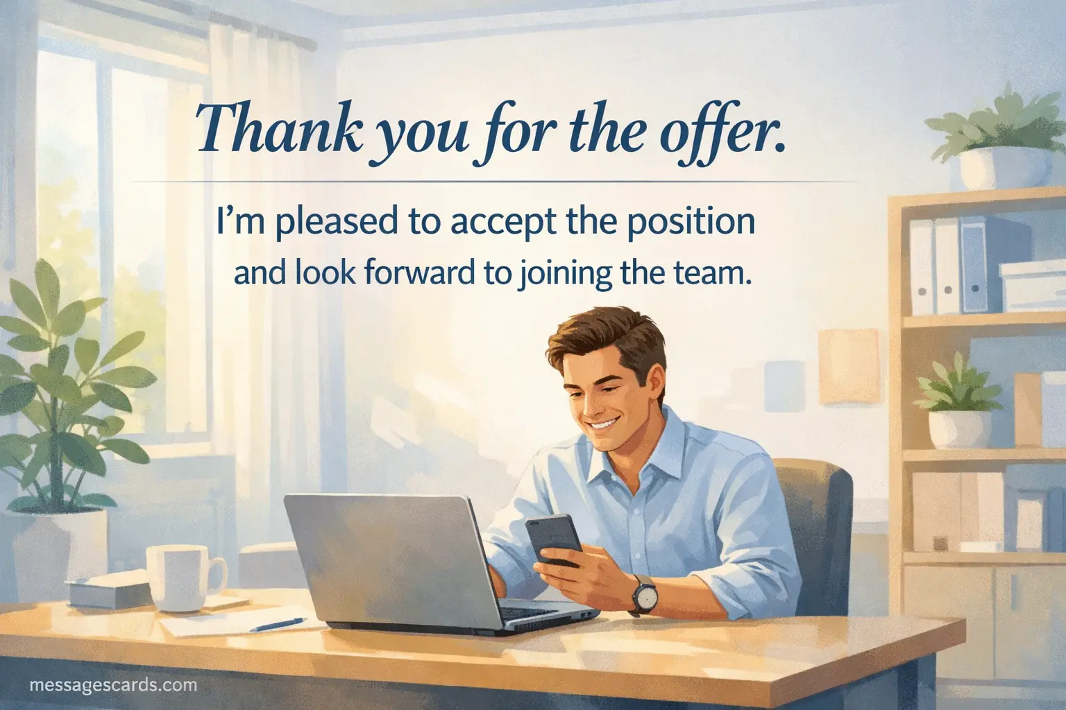 A professional illustrated office scene showing a person happily accepting a job offer, symbolizing gratitude and excitement for joining a new team.