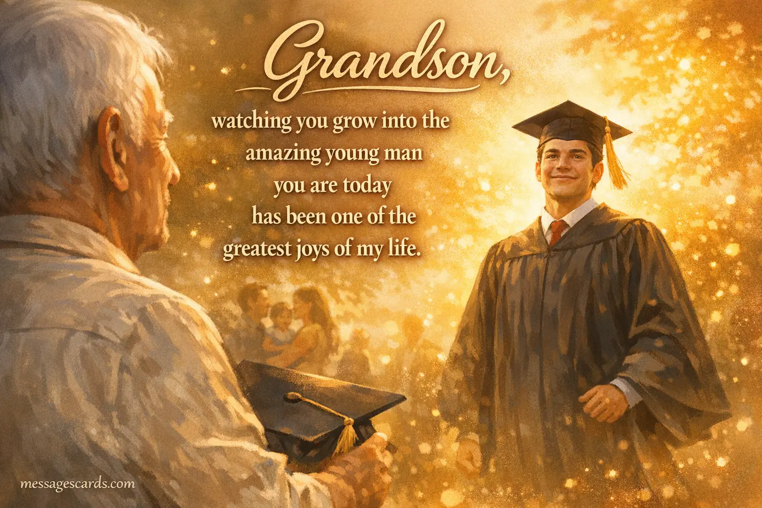 Illustration of a proud grandparent watching a grandson graduate, expressing heartfelt joy and pride in his growth and achievements