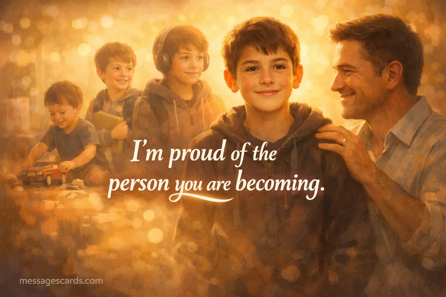 A heartwarming scene showing a child’s growth journey with a proud message highlighting personal development and encouragement