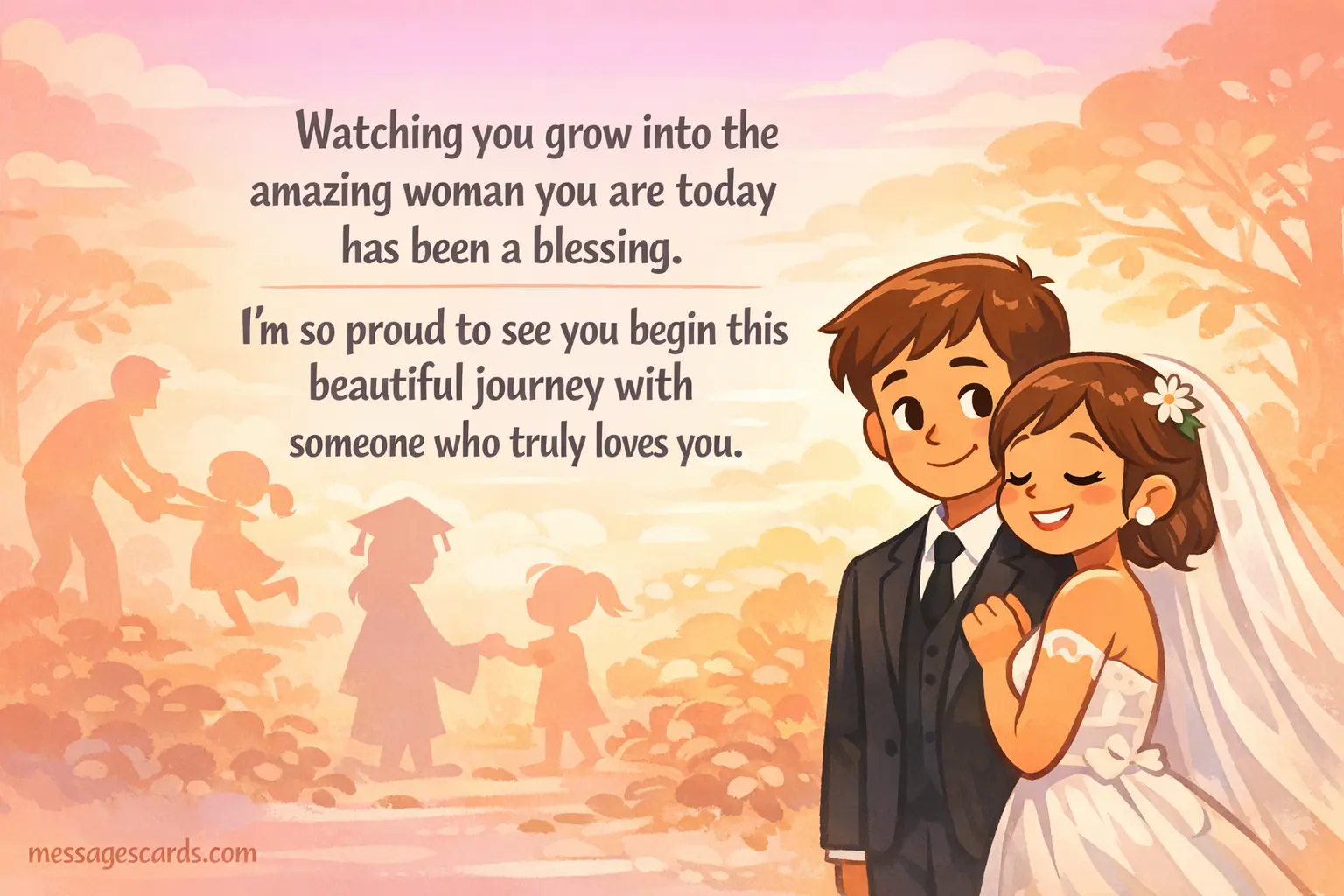 Emotional cartoon wedding illustration showing a bride’s journey from childhood to marriage with a heartfelt message about pride, growth, and true love.