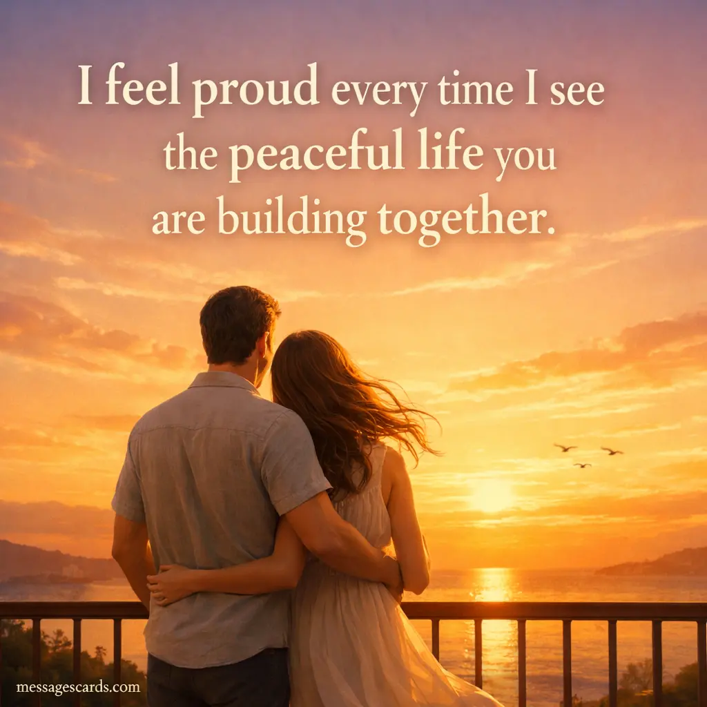 Peaceful sunset balcony illustration of a couple with an emotional quote expressing pride in their calm and happy life together