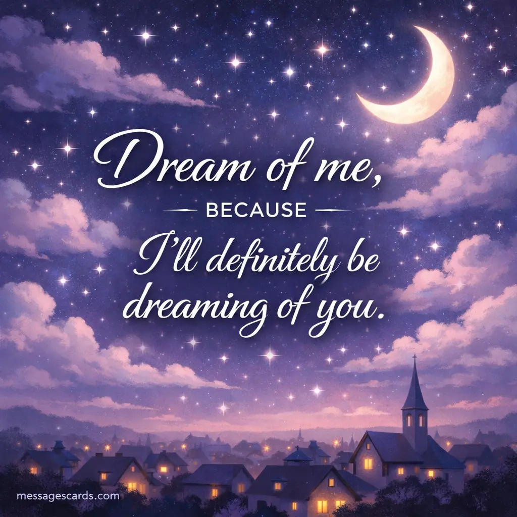 Dreamy night sky illustration with stars and moon representing romantic thoughts, displaying a quote about dreaming of someone special.