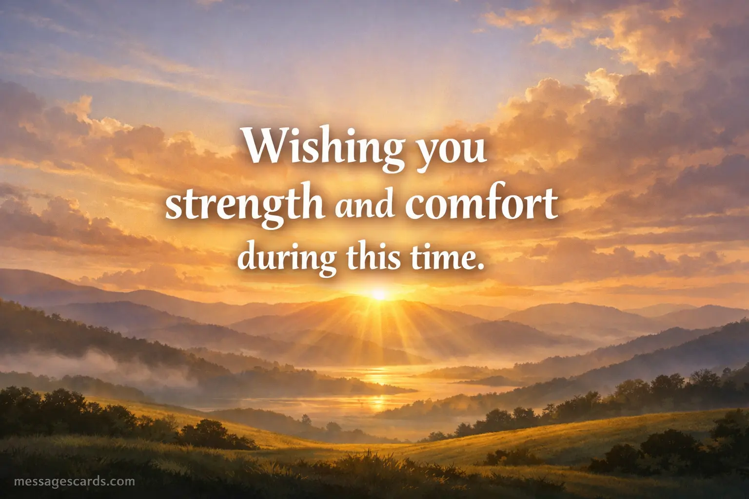 A hopeful sunrise landscape illustration symbolizing strength and comfort with a condolence message encouraging healing and resilience.