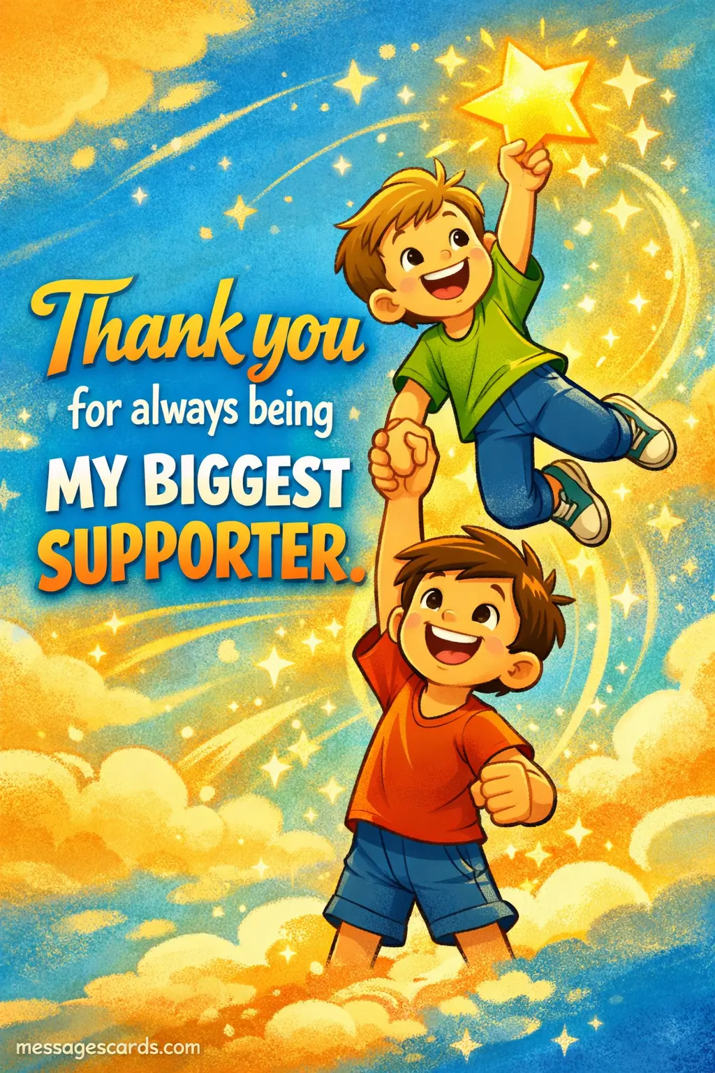 Cartoon illustration of one friend lifting another toward glowing stars symbolizing encouragement and gratitude for a supportive friendship and constant motivation