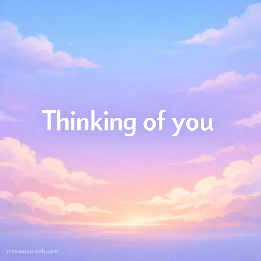 Peaceful pastel sky with clouds symbolizing comfort and quiet support paired with a short thinking of you sympathy quote.