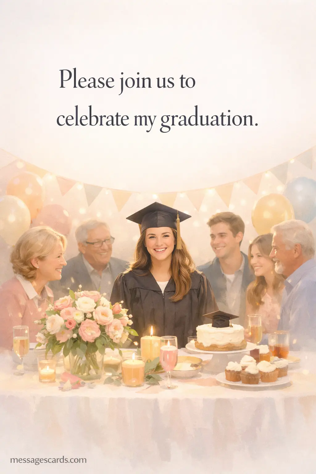 Cozy illustrated graduation party scene with friends and decorations, highlighting an invitation message to celebrate graduation