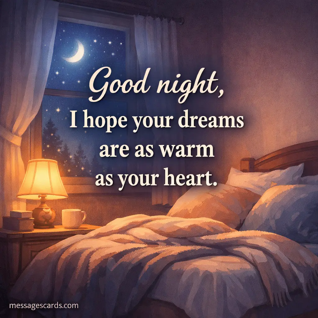 Illustrated romantic good night quote image showing a cozy bedroom with moonlight and stars, featuring the message about warm dreams and a loving heart.