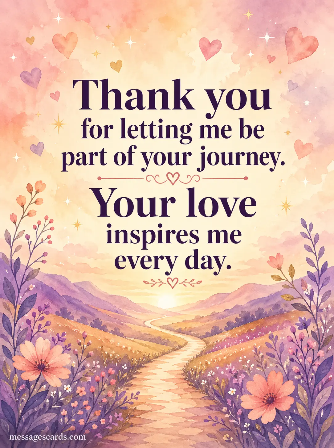 A soft watercolor illustration of a dreamy path with a romantic quote about gratitude and inspiration in love, perfect for anniversary sharing.