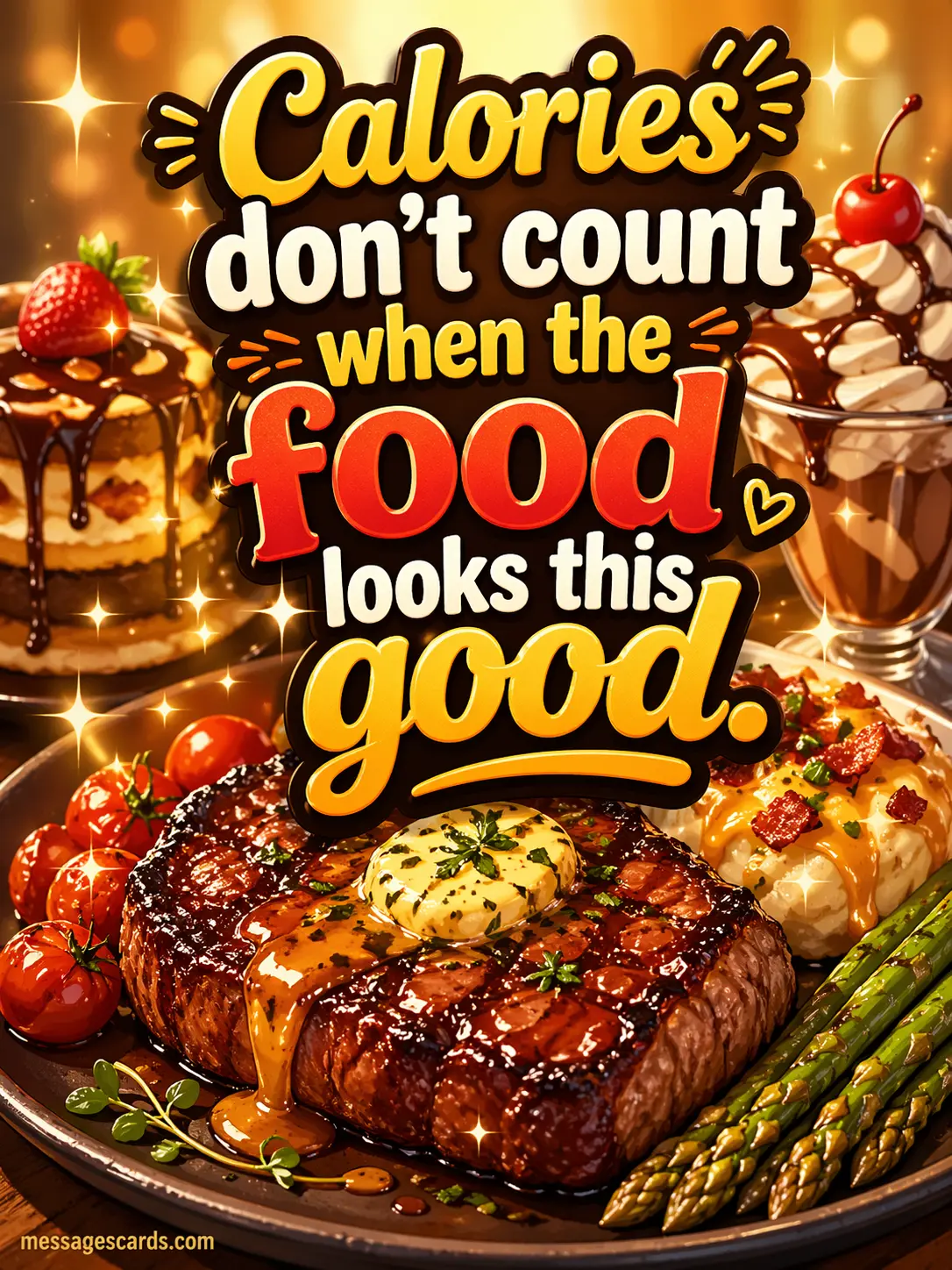 A colorful cartoon illustration of a glowing delicious meal with a bold quote about calories not counting when food looks amazing, designed for social media engagement.