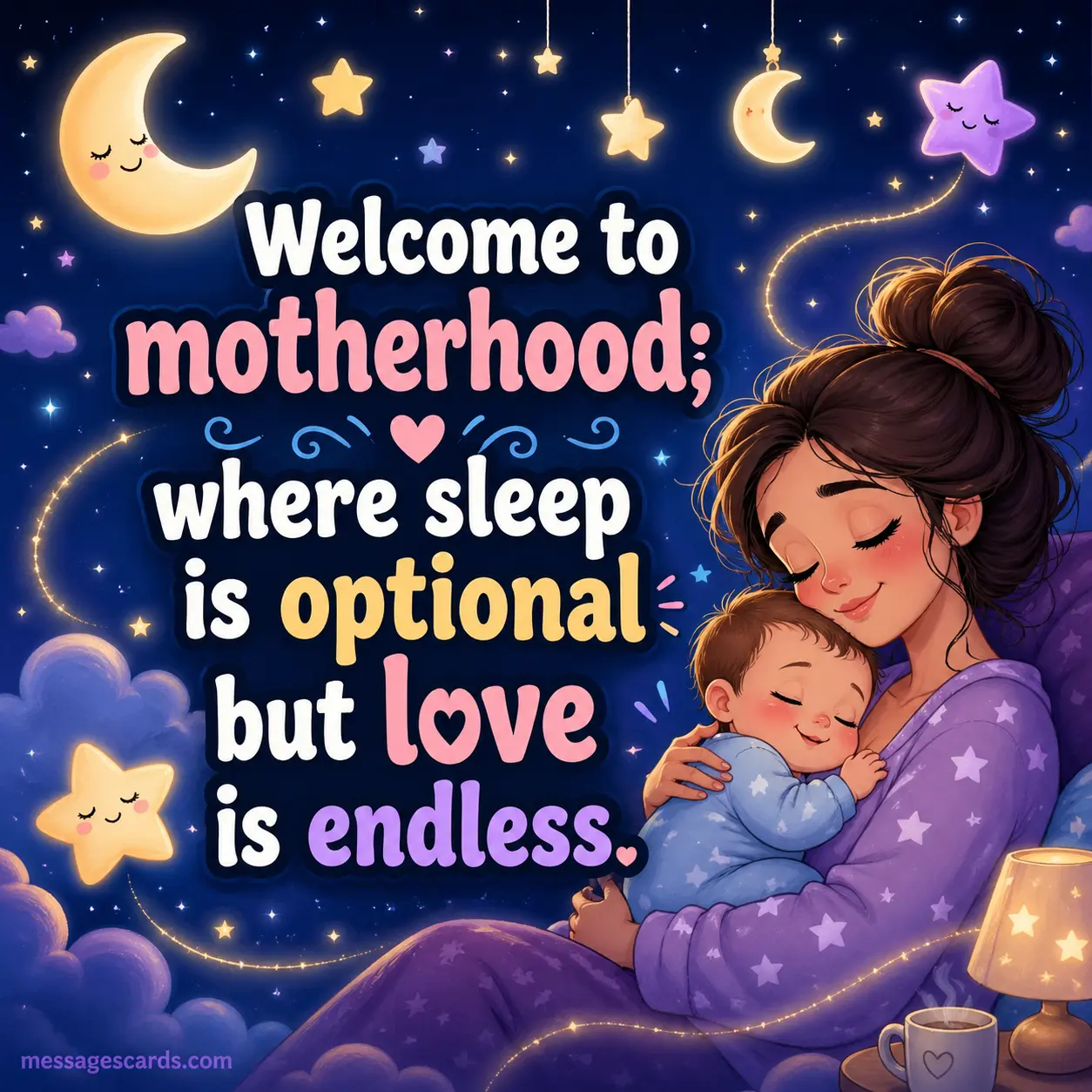 Cartoon illustration of a mother holding her baby under a starry night sky reflecting sleepless nights and endless love in motherhood.