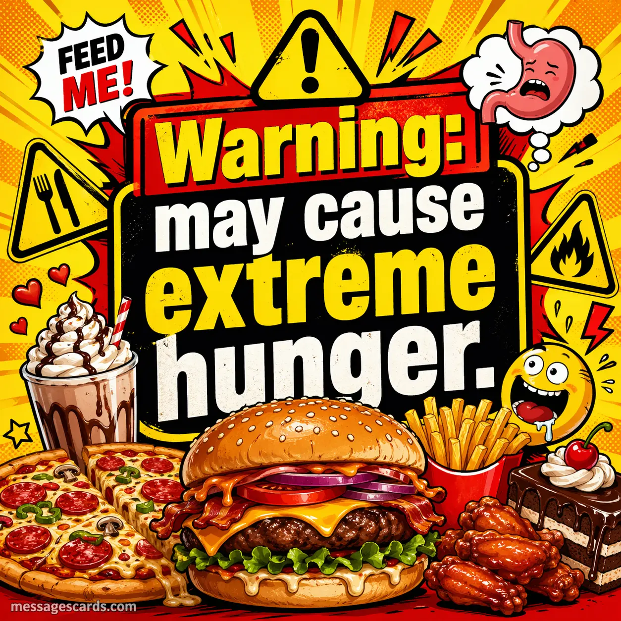 A comic-style warning themed food illustration with bright colors and a playful quote about extreme hunger caused by delicious dishes.