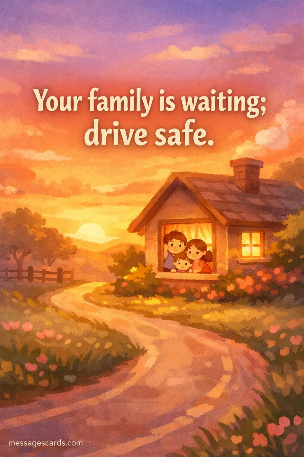 A warm illustrated scene of a family waiting at home at sunset with a glowing road, representing the emotional message of driving safely for loved ones.