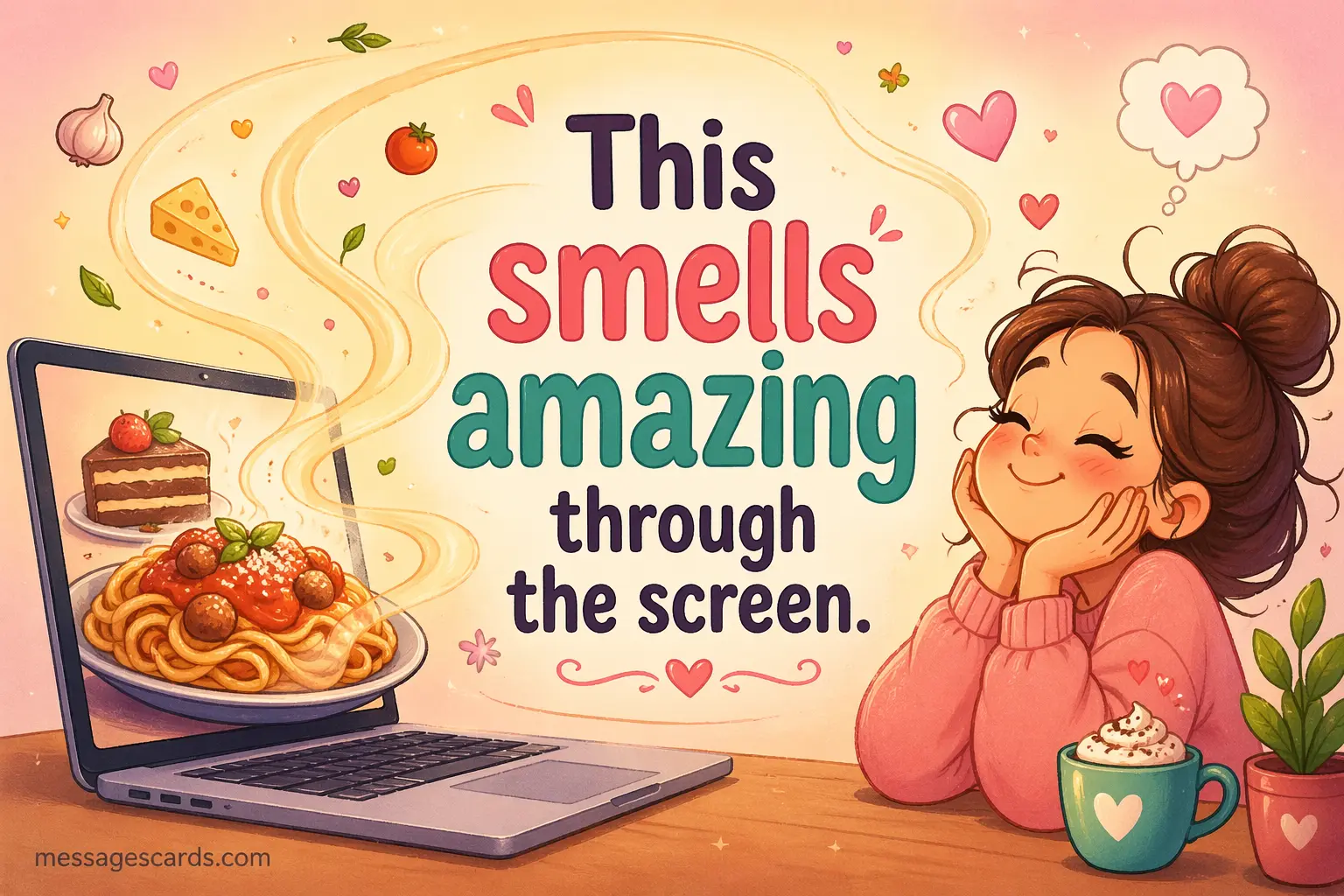 A whimsical drawing showing food aroma coming out of a screen toward a happy viewer, highlighting a quote about smelling food through the screen.