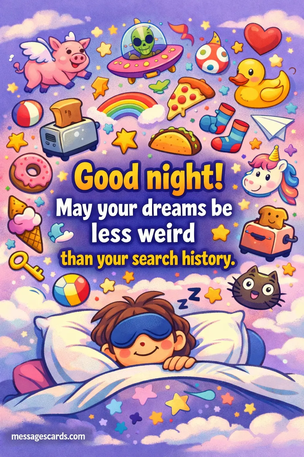 A humorous cartoon of a person sleeping with bizarre dream elements, illustrating a funny good night quote about weird dreams and search history.