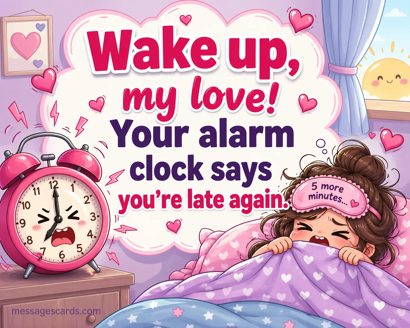 3. Cute alarm clock scene with sleepy character and loving tone, highlighting a funny message about being late in the morning.