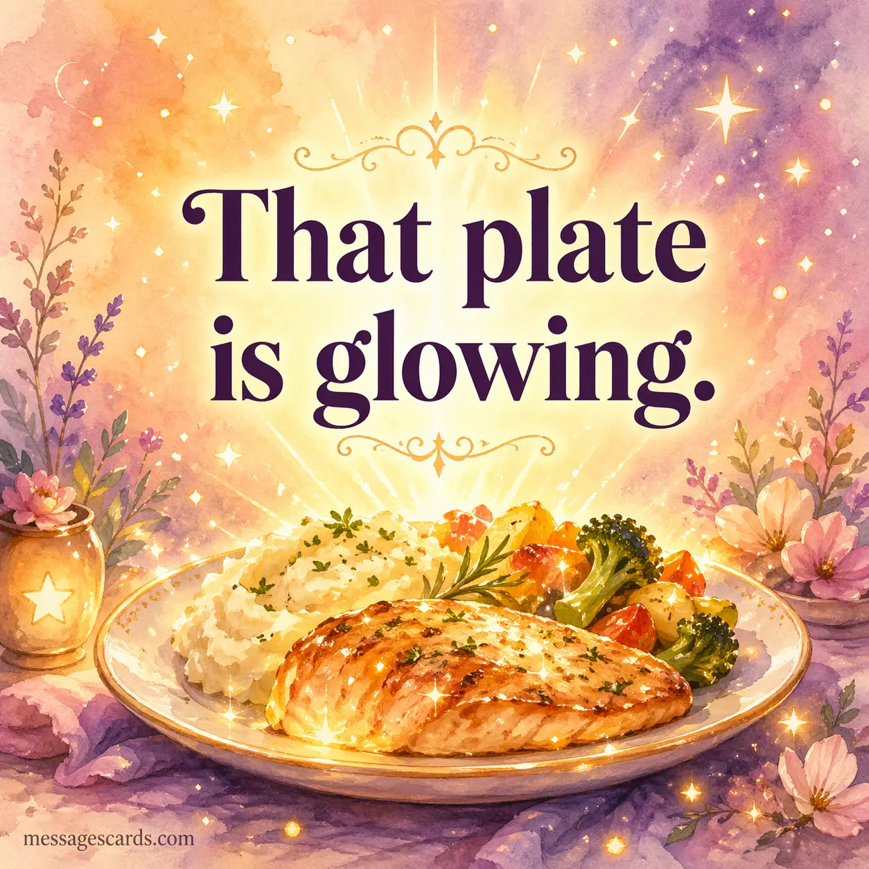 A dreamy watercolor illustration of a glowing plate of food with magical sparkles, paired with a short humorous quote about how the plate is glowing.