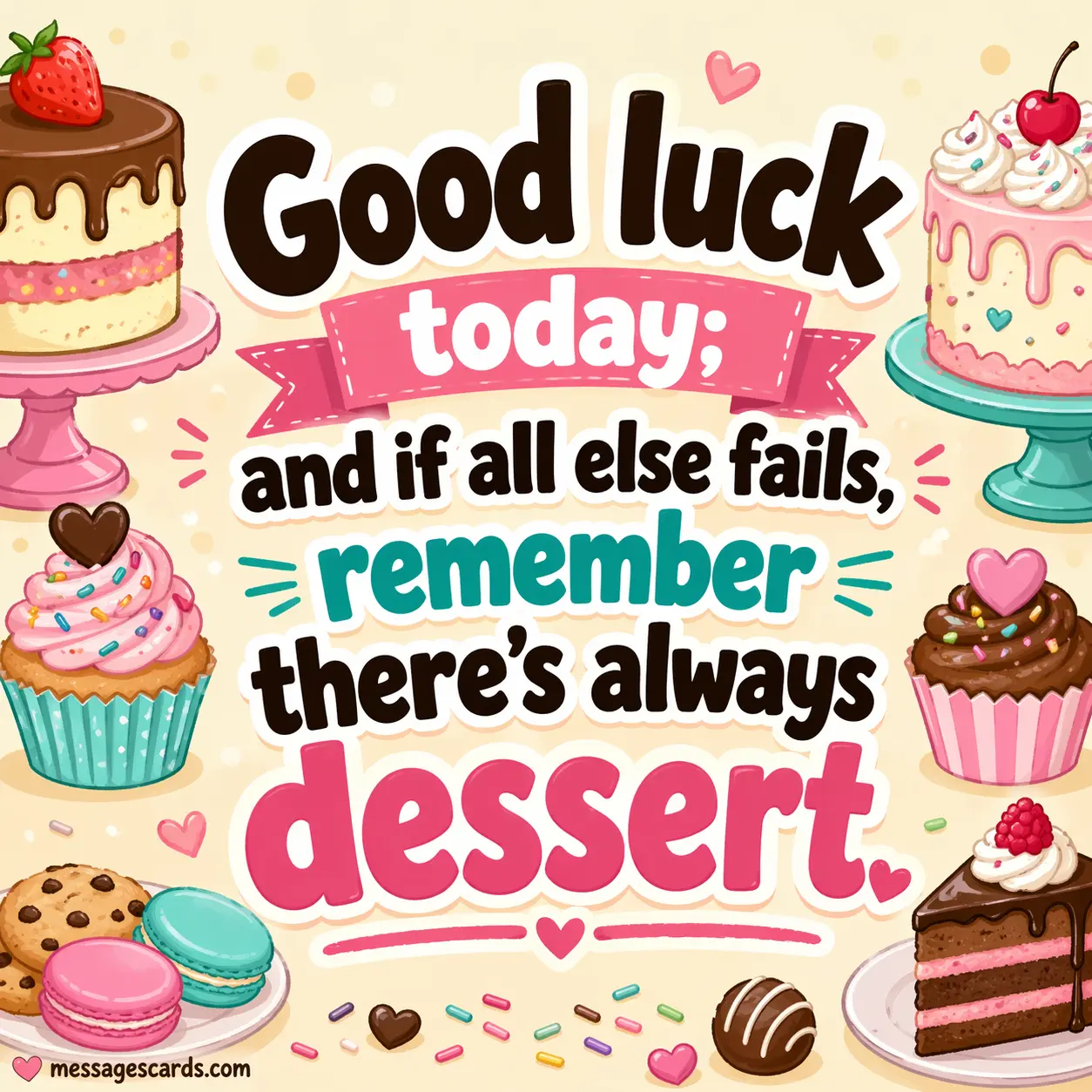 A playful dessert-themed cartoon image with a humorous motivational quote about luck and always having dessert.