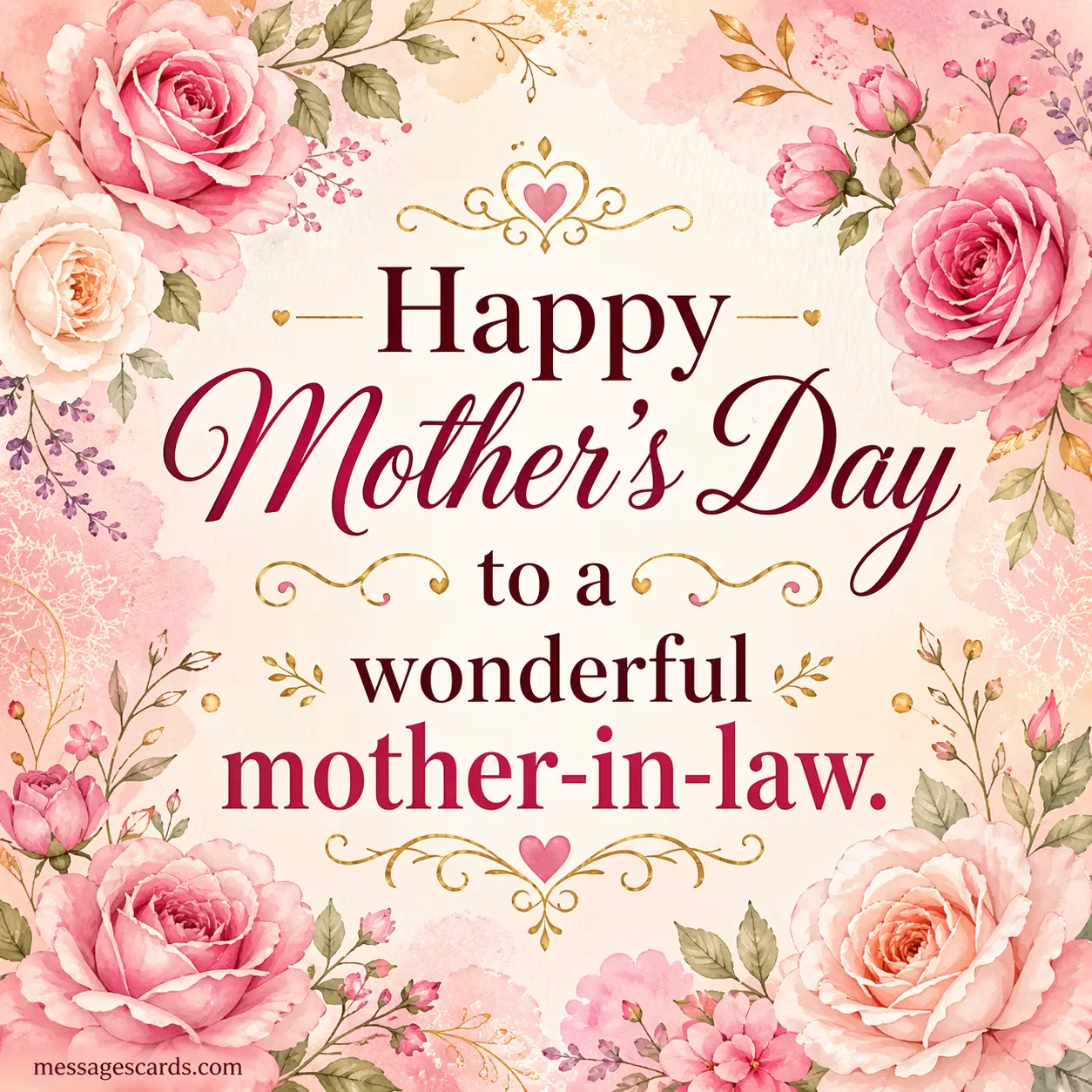 A soft floral watercolor illustration with a heartfelt Mother’s Day quote celebrating a wonderful mother-in-law in an elegant design.