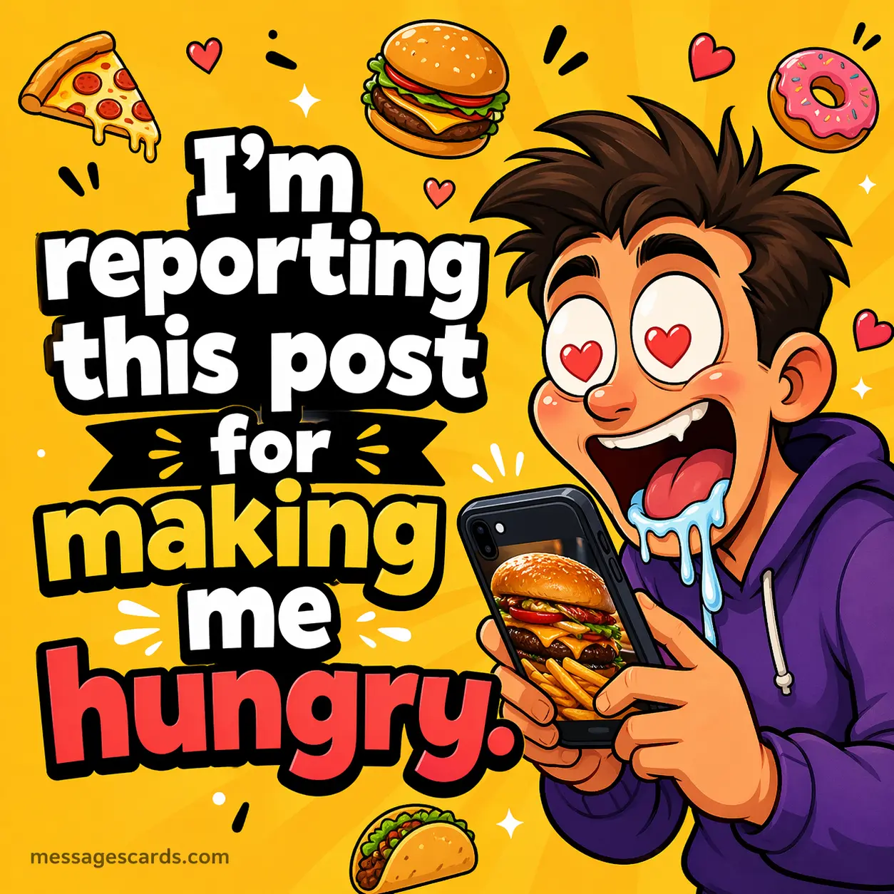 A funny flat-style illustration of a hungry character reacting to food on a phone, paired with a humorous quote about reporting a post for making them hungry.