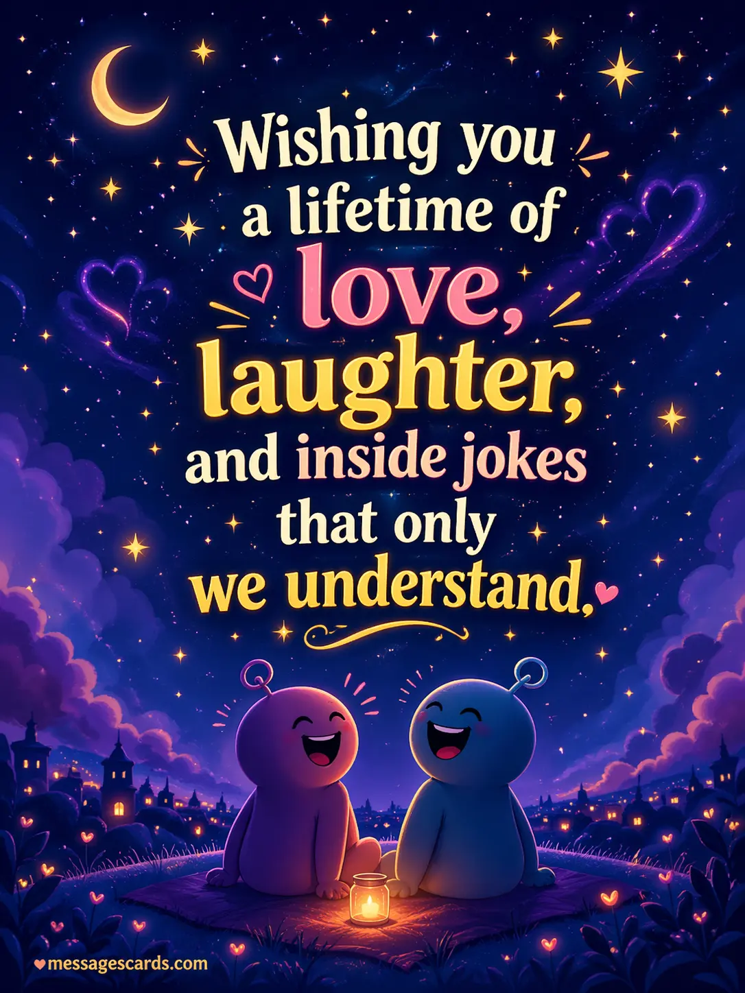 A whimsical night scene with stars and two figures laughing, representing deep connection and shared joy in a loving relationship.