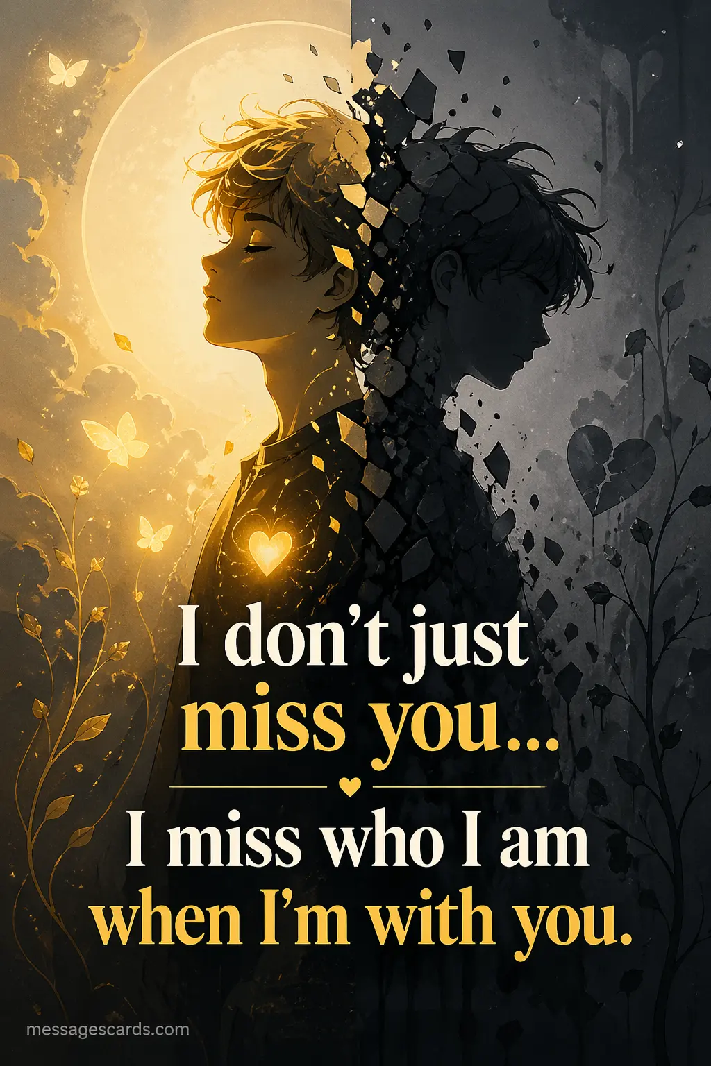 3. Abstract illustration of a fading silhouette expressing loss of identity when apart from a loved one, highlighting a quote about missing who you are with them.