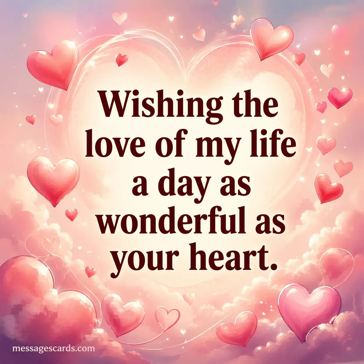 A romantic soft pastel illustration with hearts expressing love and wishing someone a wonderful day.