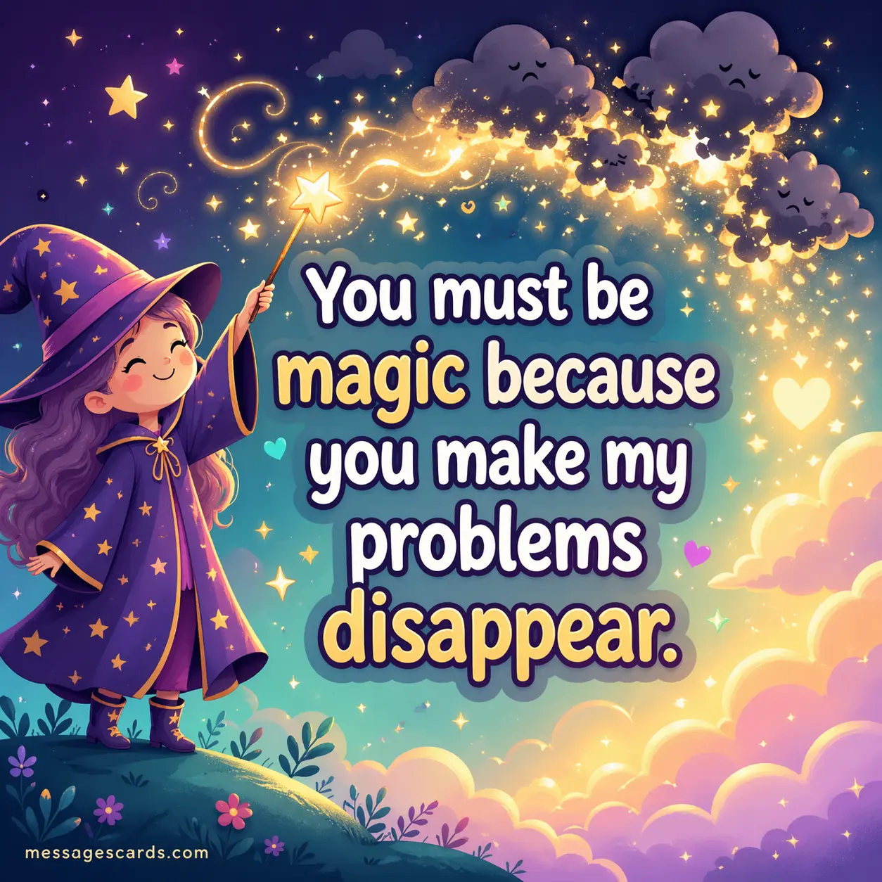 A whimsical cartoon illustration with magical sparkles removing dark clouds, representing how love makes problems disappear and brings comfort.