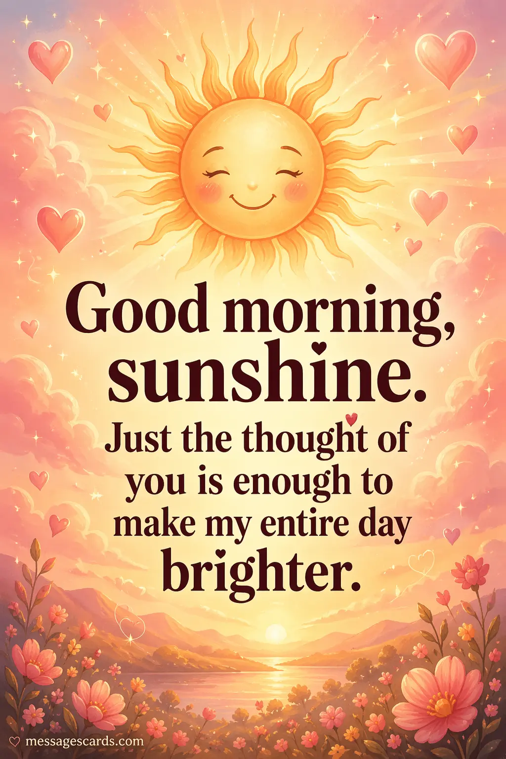 1. Romantic illustrated sunrise with glowing sun and hearts representing love and how thinking of someone brightens the entire day.