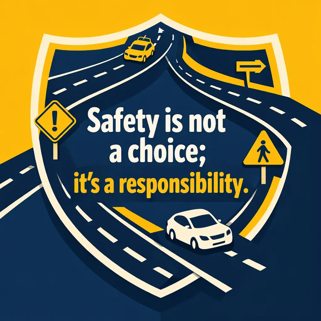 A modern flat design showing a road shaped like a shield, symbolizing responsibility and emphasizing that safety is a conscious duty while driving.