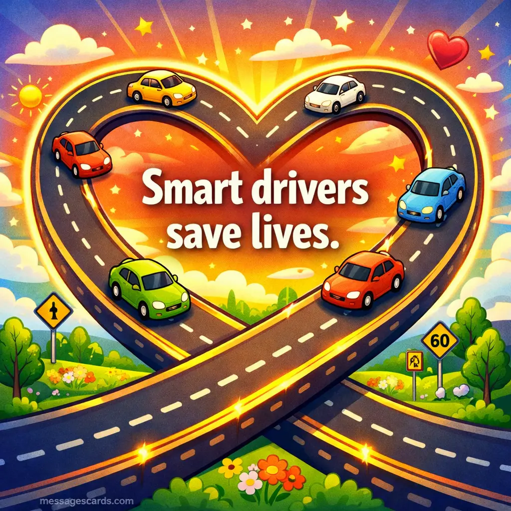 A creative illustration of a glowing road forming a heart with safe drivers, representing how smart driving decisions can save lives and prevent accidents.