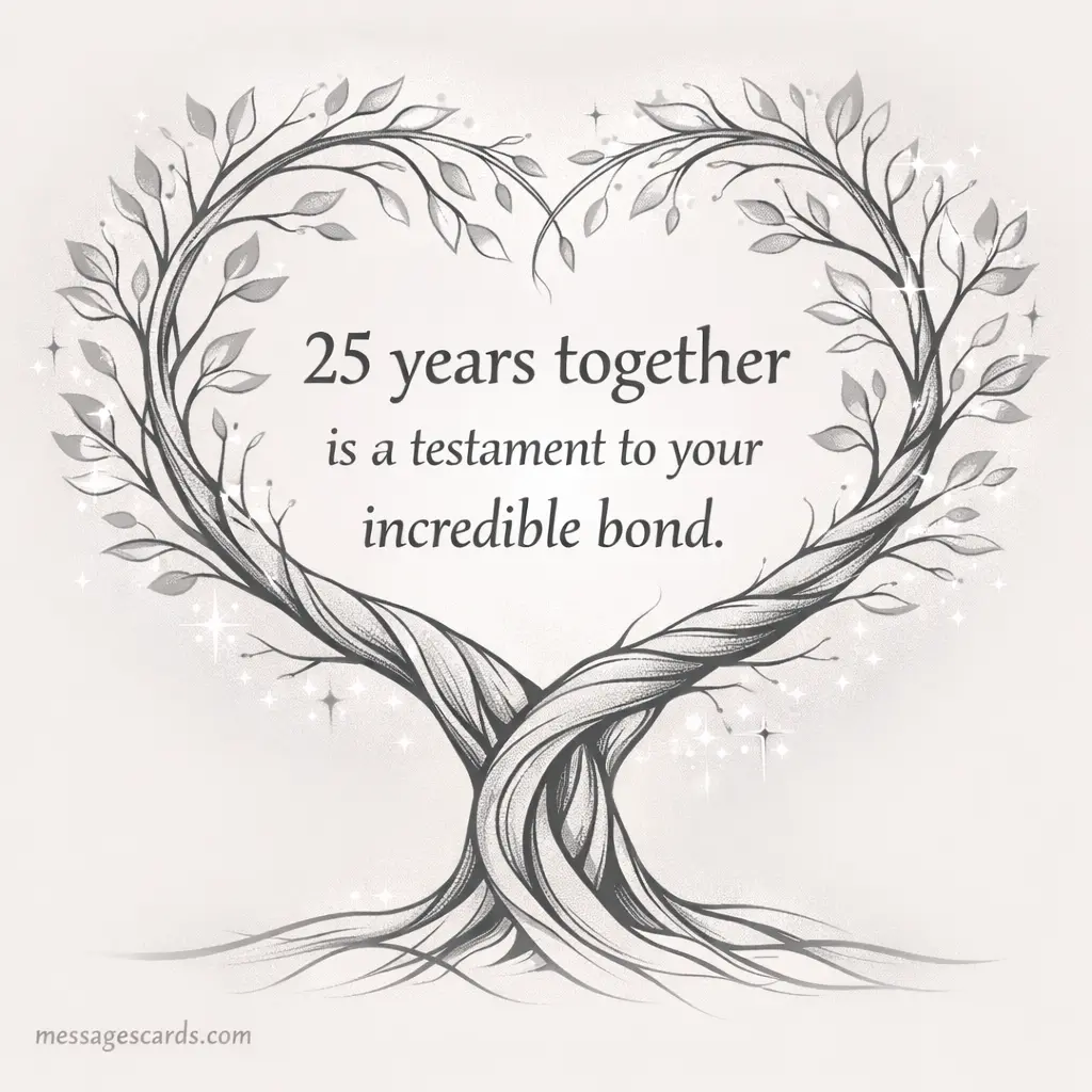 Minimalist artistic illustration of intertwined trees forming a heart, highlighting a quote about a strong and incredible 25-year bond.