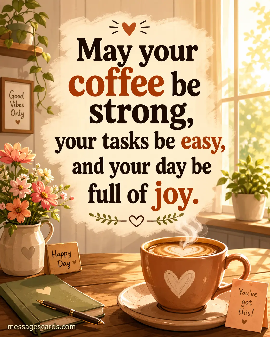 A cozy illustrated morning coffee scene with an uplifting quote about starting the day with strength, ease, and joy.