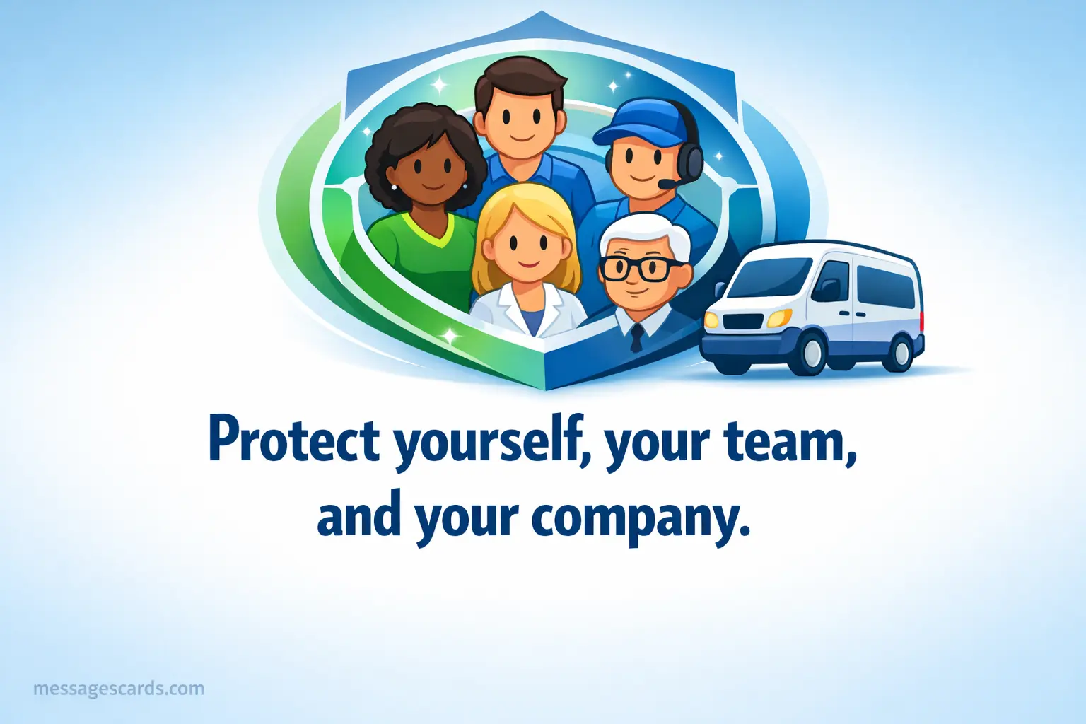 A clean stylized illustration of people connected in a protective circle near a vehicle, highlighting the importance of protecting yourself, your team, and your company on the road.
