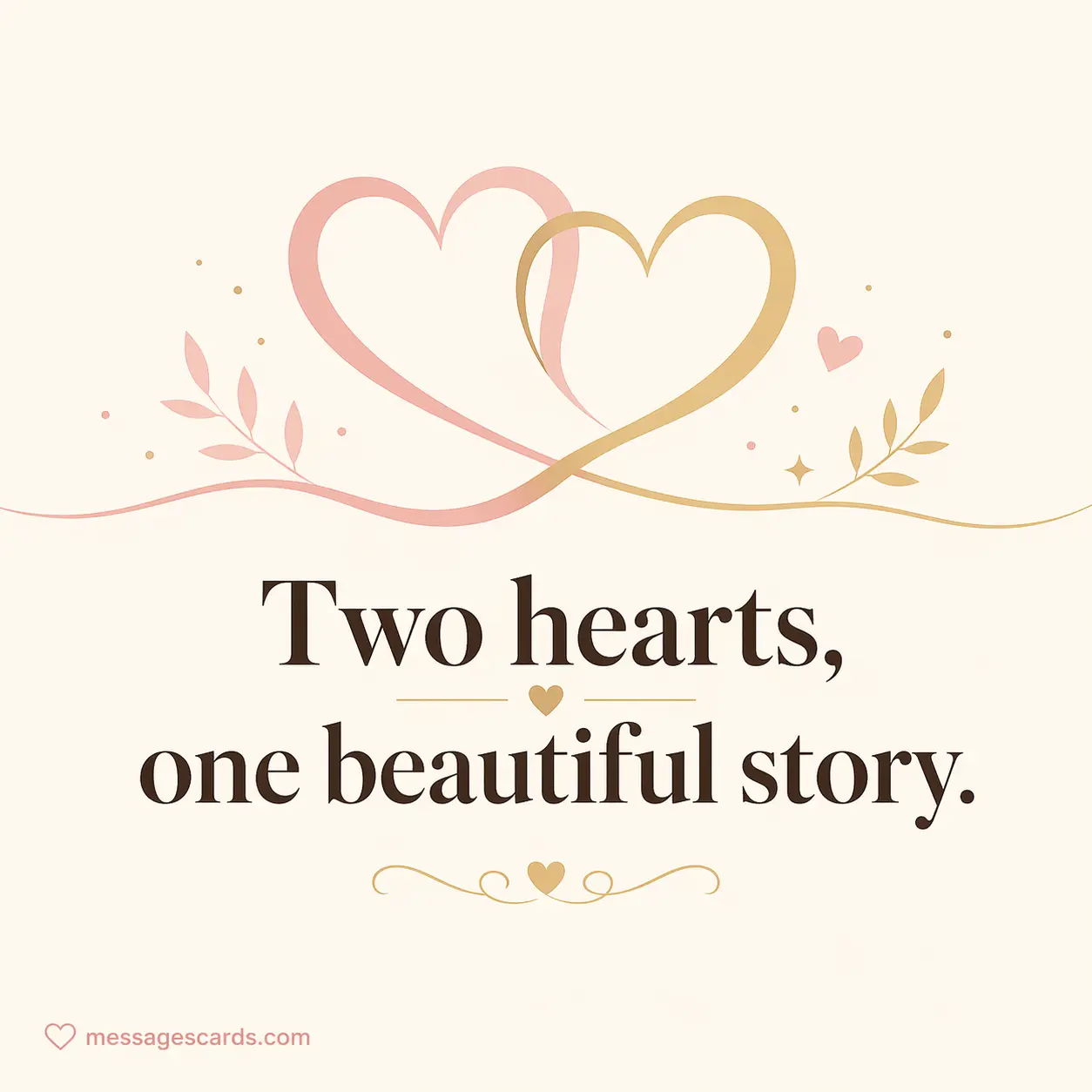 A minimal artistic design of two hearts merging, highlighting a simple yet powerful quote about unity and a shared love story.
