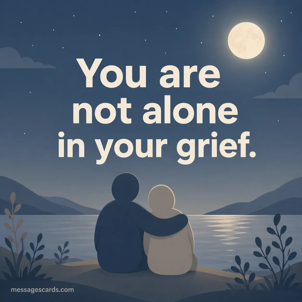 3. Minimalist illustration of two figures under the moon representing companionship and reassurance during mourning
