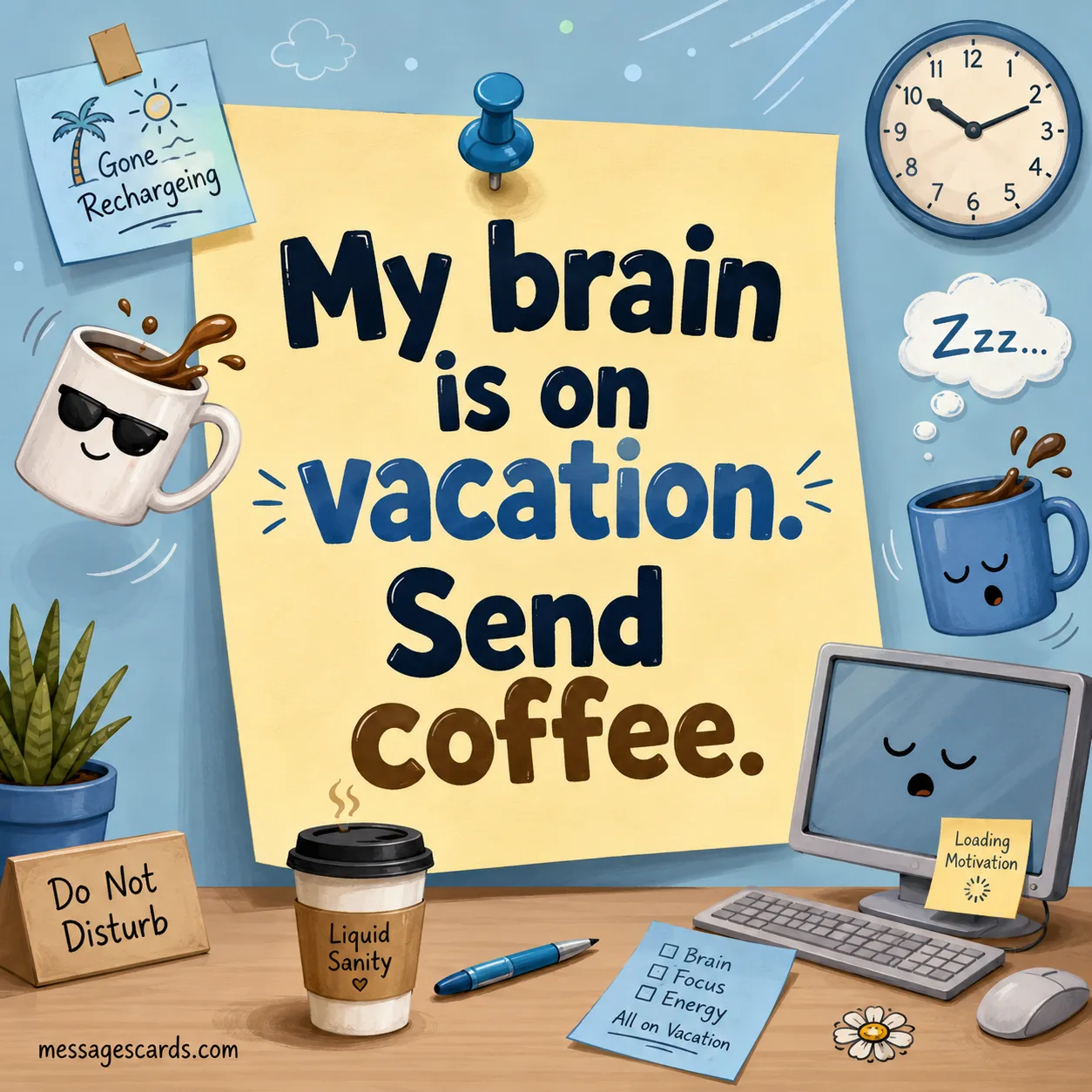 My brain is on vacation send coffee funny office sticky note
