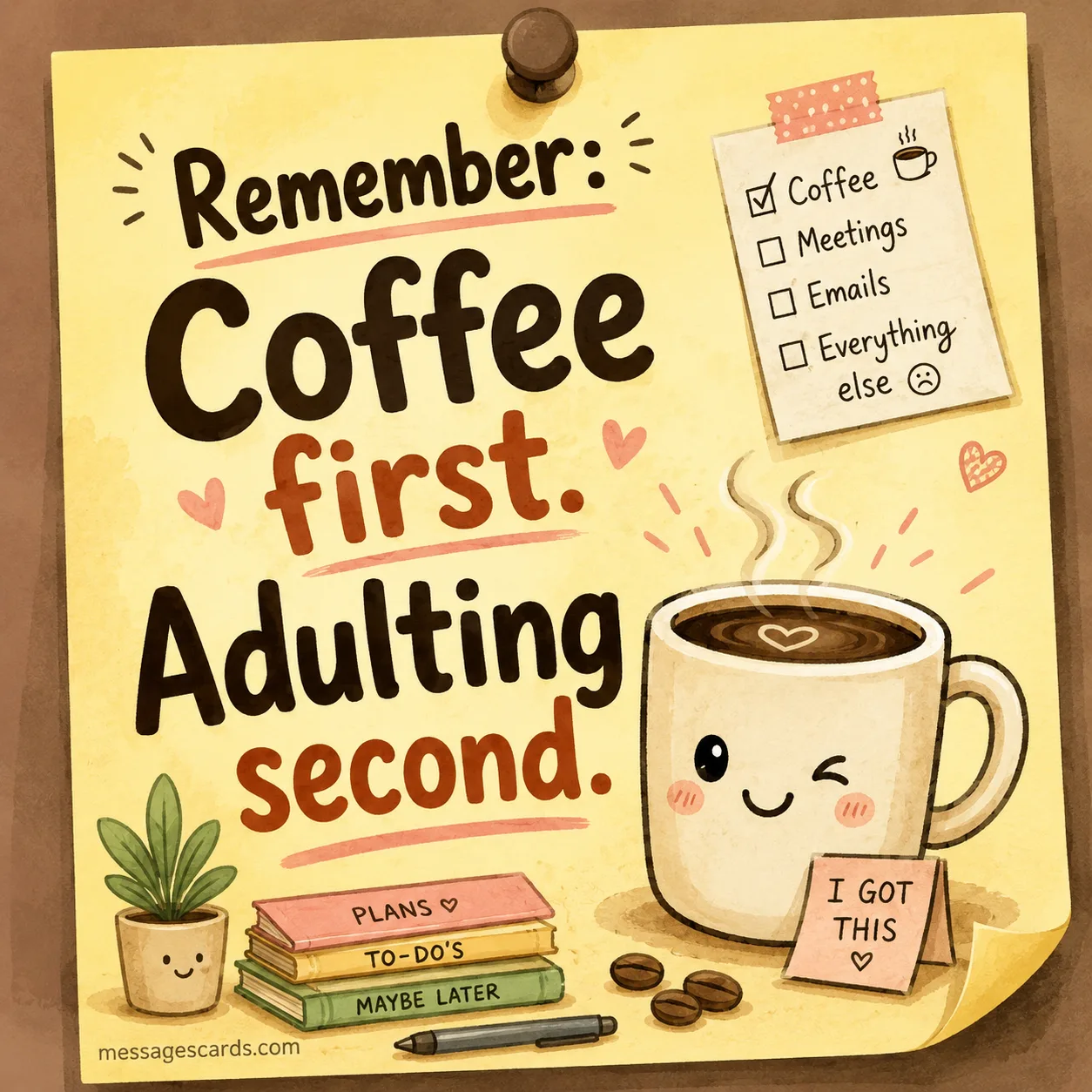 Remember Coffee first Adulting second funny sticky note quote