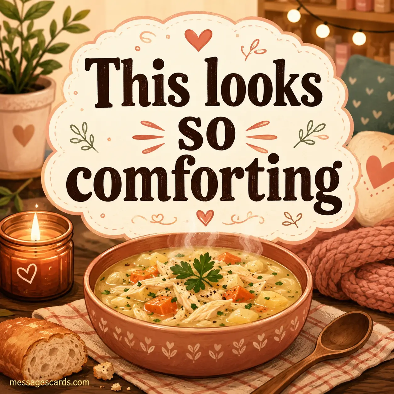 3. Warm comfort food illustration with a cozy meal scene highlighting feelings of relaxation and satisfaction from delicious food.