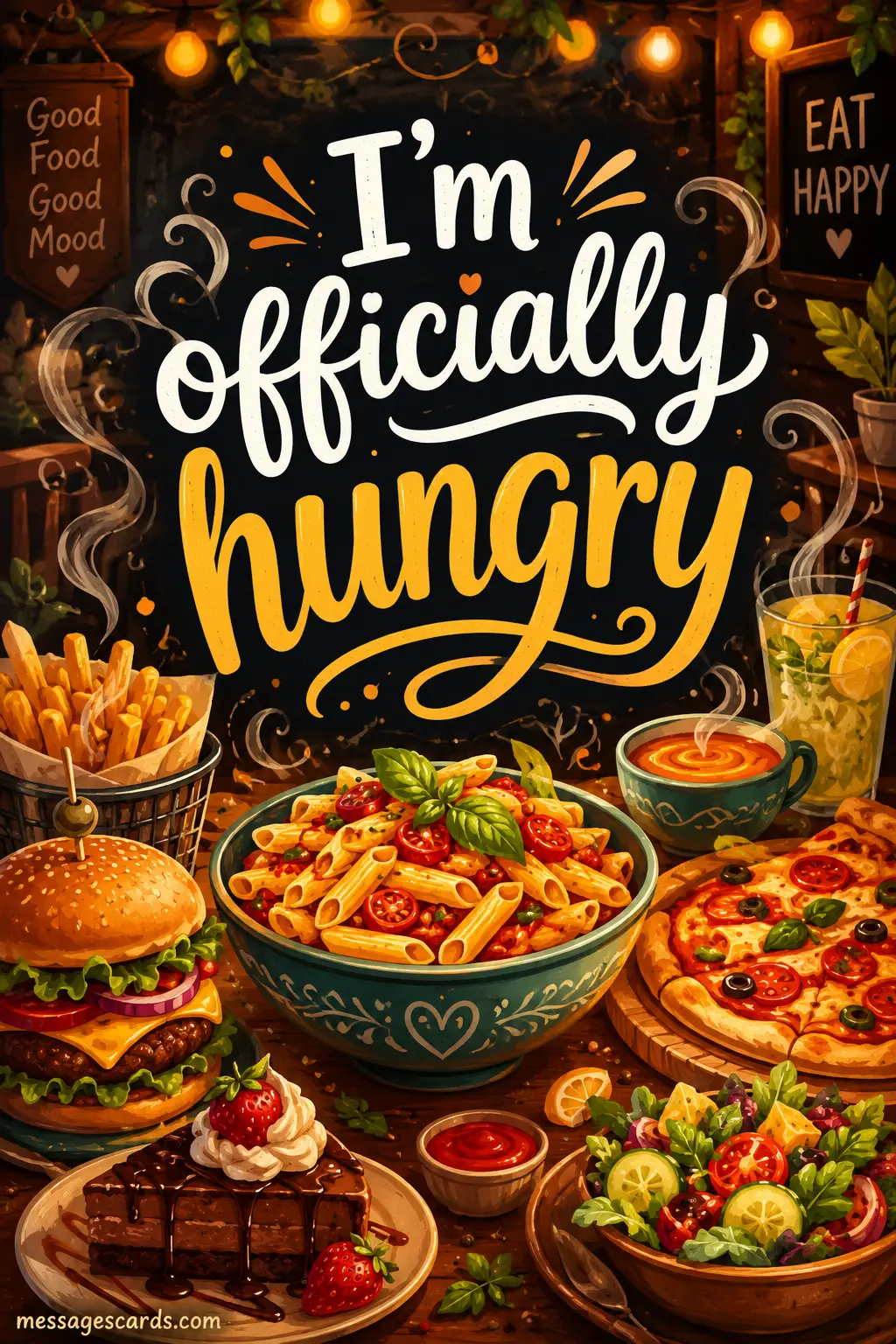 1. Stylized food quote image featuring a delicious meal and the message about instantly feeling hungry after seeing tasty food.