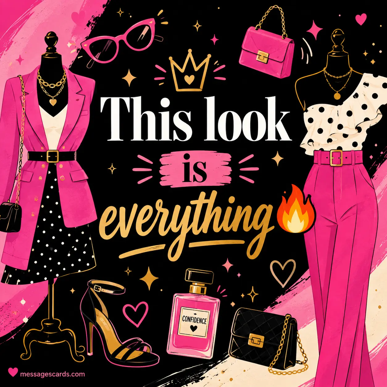 1. Stylish illustrated fashion quote card featuring decorative outfit elements and confidence-themed graphics highlighting the message that a look is absolutely perfect and eye-catching.