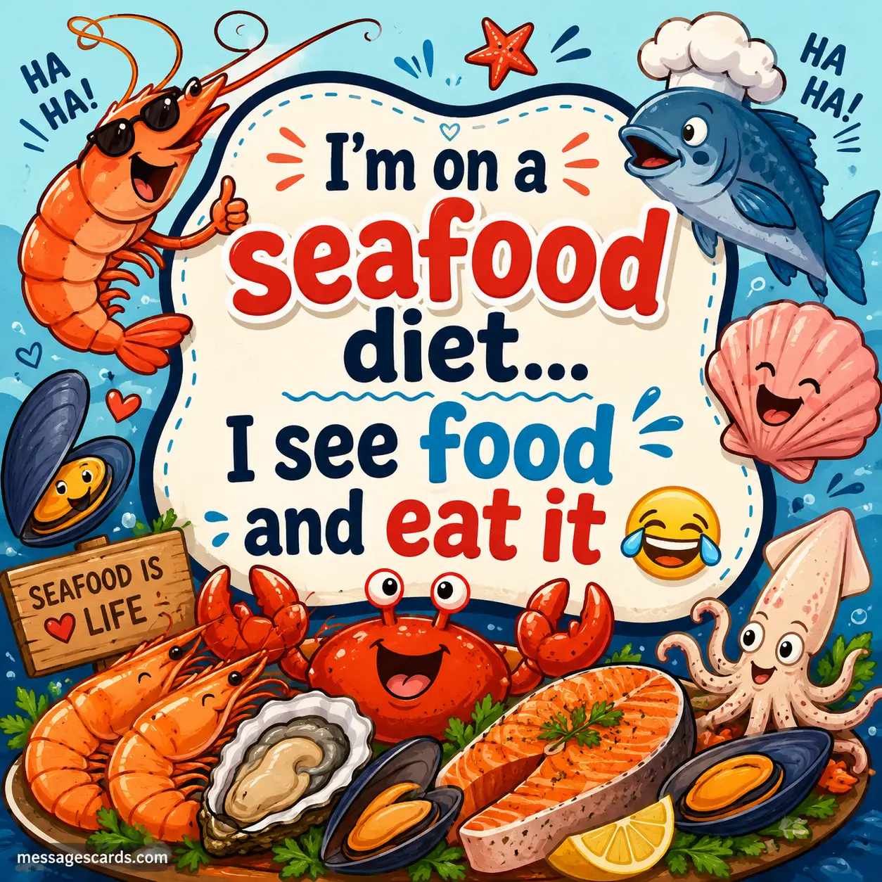2. Cartoon seafood-themed quote graphic with a humorous food joke celebrating the classic seafood diet punchline.